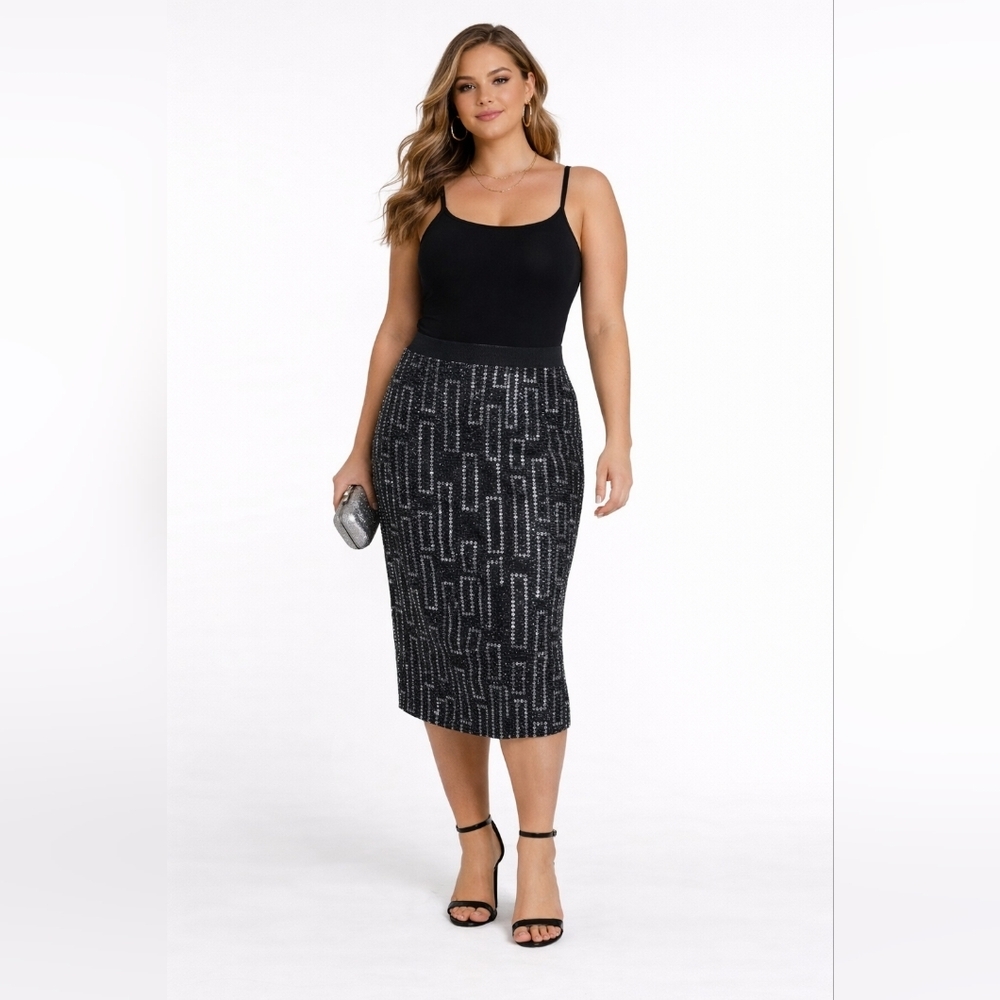 Vivendi Sequin Midi Skirt – Black & Silver – Size Large – NWT